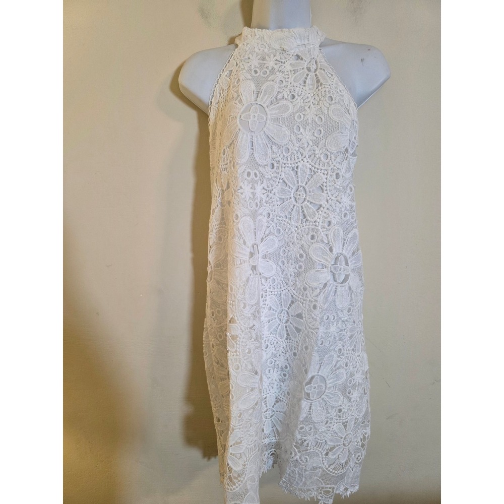 ChicMe White Floral Lace Halter Mini Dress‎ Sleeveless Crochet Daisy Size L